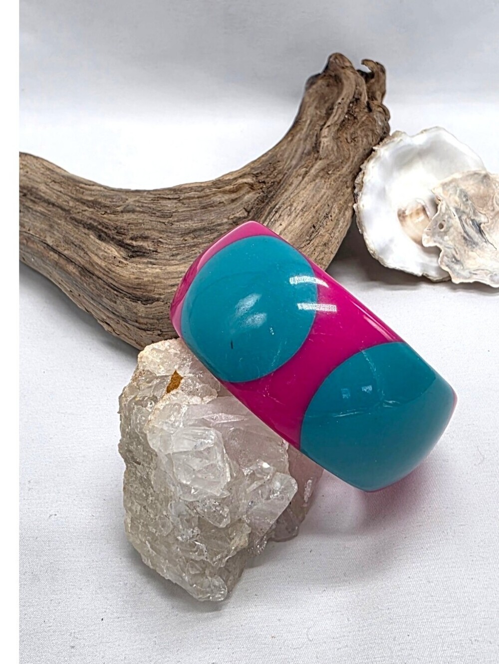 Vintage 1980s Lucite Bangle Bracelet Hot Pink Turquoise Chunky Polka Dot